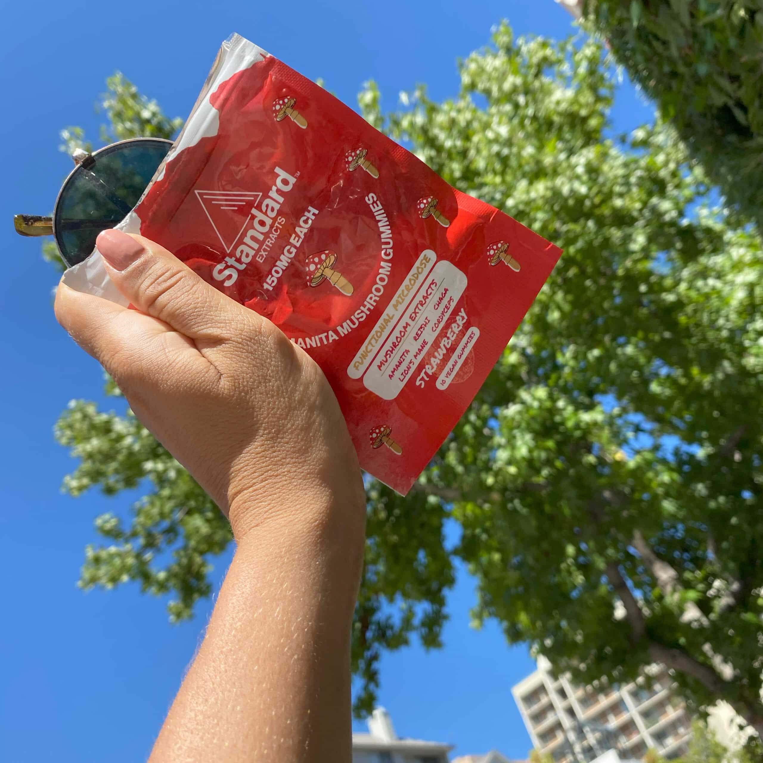 Hand holding the Amanita gummies pouch against a blue sky