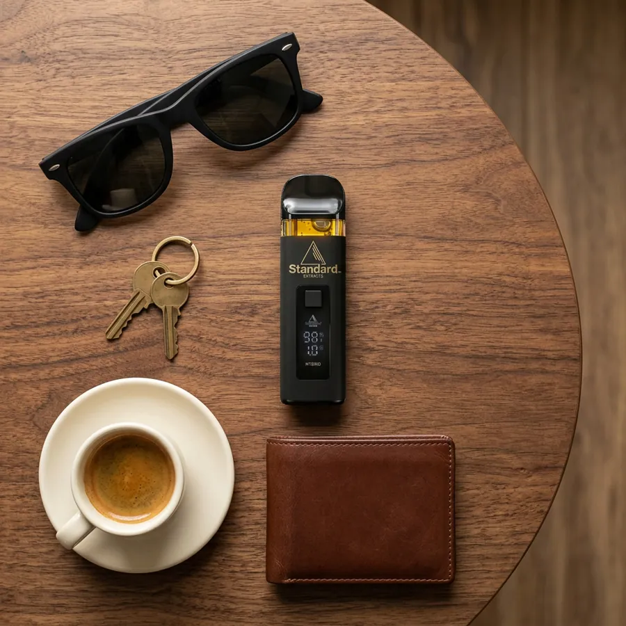 Standard vaporizer on a wooden table with coffee, keys, sunglasses, and a wallet