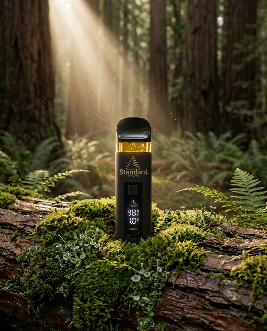 Standard vaporizer styled outdoors among redwood trees