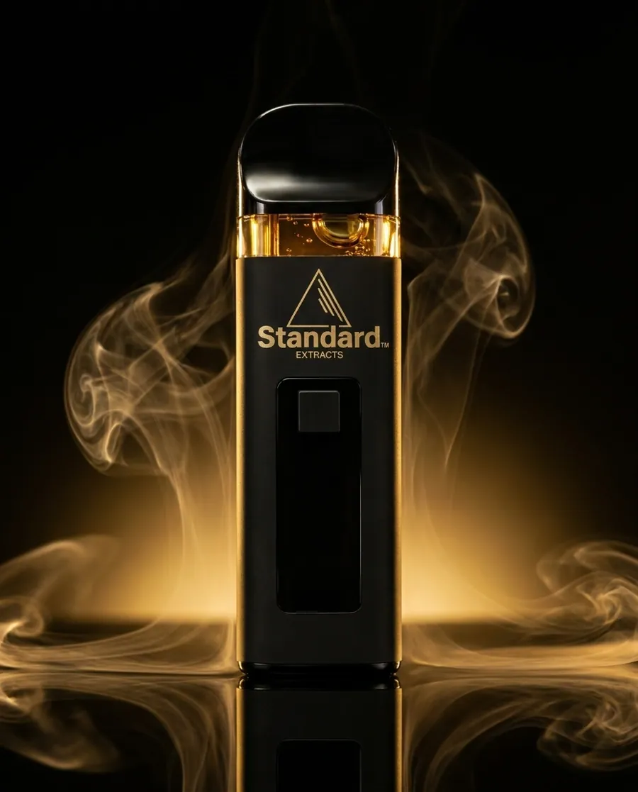 Standard vaporizer in a dark studio with warm golden light
