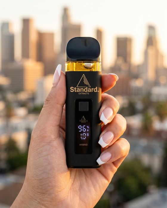 A hand holding the Standard Extracts TKO FLOW 2G disposable against a city skyline at golden hour, with the gold distillate and battery display visible