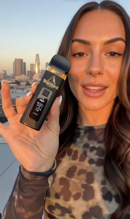 A person holding the Standard Extracts TKO FLOW 2G disposable on a rooftop at sunset