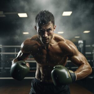 boxer in gym working out hard