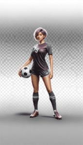 DALL·E-2023-11-05-16.37.02-Design-a-full-body-portrait-of-a-female-soccer-player-with-a-short-pinkish-purple-hairstyle-on-a-transparent-background.-The-athlete-should-be-in-a-c
