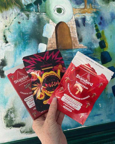 3 packs of different Magic Mushroom Products: (1 pack each of Standard Mushroom Gummies, Rosin, Amanita chocolate bar)