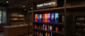 Smoke shop product mix display with vapes and gummies