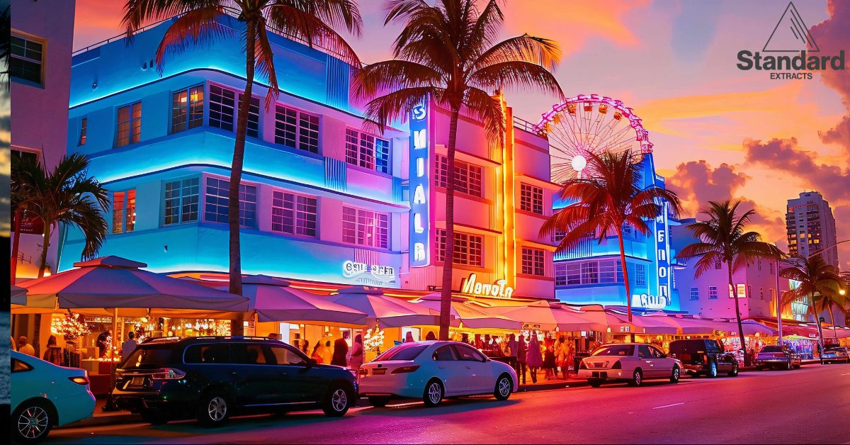 Colorful Miami street lined with palm trees and neon-lit smoke shops at night, capturing the vibrant atmosphere of smoke shops in Miami.