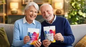 Two smiling older adults sitting on a couch holding Standard CBD gummies and a small bottle in a well-lit living room.