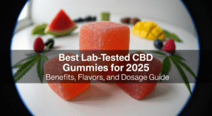 Three colorful CBD gummies are stacked on a white plate surrounded by fruit and cannabis leaves, with bold text overlay about best lab-tested CBD gummies for 2025.