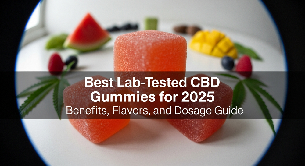 Three colorful CBD gummies are stacked on a white plate surrounded by fruit and cannabis leaves, with bold text overlay about best lab-tested CBD gummies for 2025.