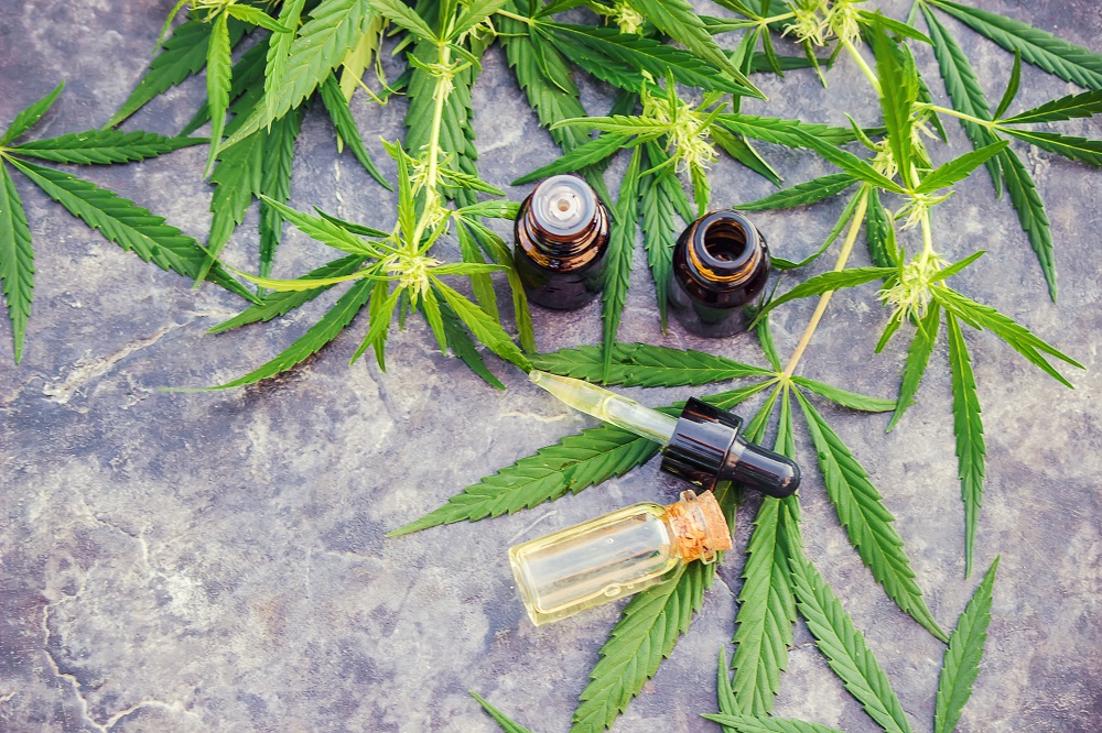 Three small glass dropper bottles, one open with a dropper, are placed on a surface with several fresh cannabis leaves spread around them, highlighting different types of CBD.