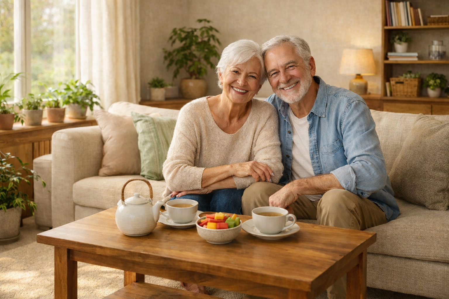 Smiling older couple sitting on a couch, enjoying tea, vegan edibles for seniors, and snacks in a cozy, well-lit living room with plants and wooden furniture.