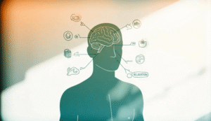 Illustration of a human figure with a brain and various icons around the head, representing different functions or concepts such as relaxation, cognition, and Delta-8 benefits.