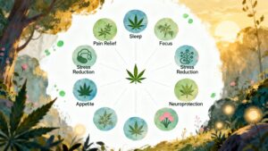 Diagram showing a central cannabis leaf with lines connecting to Delta-8 benefits: sleep, focus, neuroprotection, stress reduction, appetite, and pain relief. Forest scenery in the background.