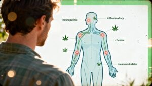 	
Diagram showing a cannabis plant in the center with four circles: CBD reduces inflammation, CBG supports focus, CBC boosts mood, THC calms nerves.